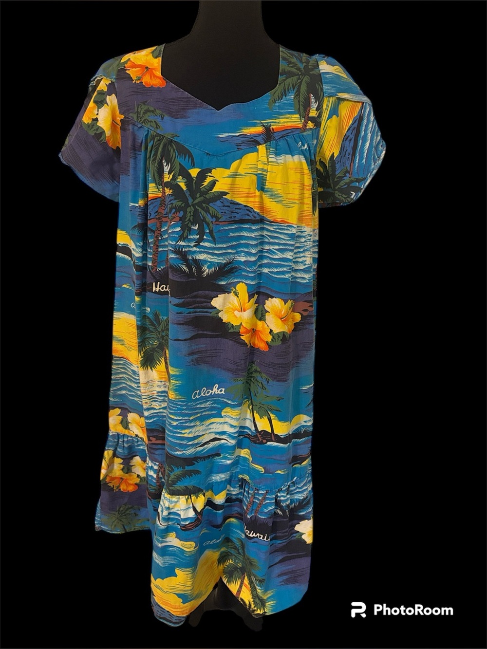 Vintage Ali'i Fashions Hawaii Hawaiian Dress Mumu Blue Floral Tropical Medium